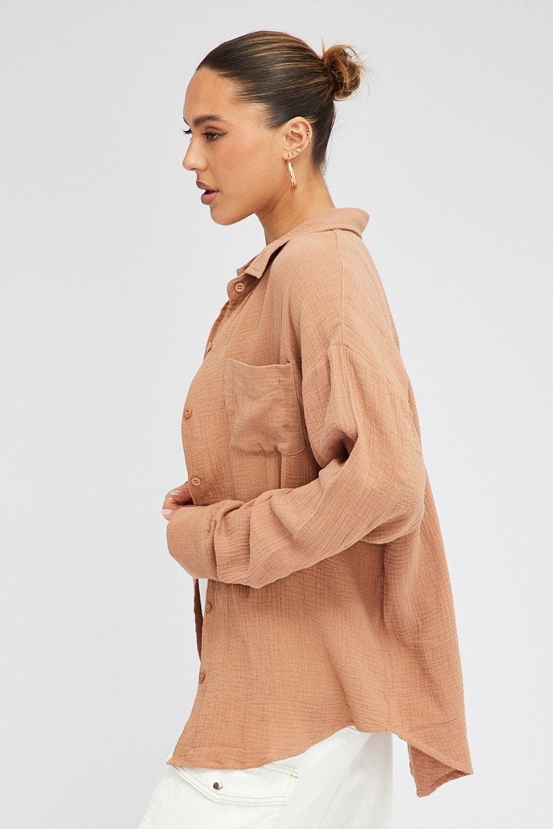 Brown Oversized Shirt Long sleeve Collared Neck