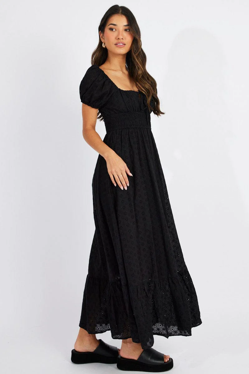 Black Maxi Dress Puff Sleeve Eyelet