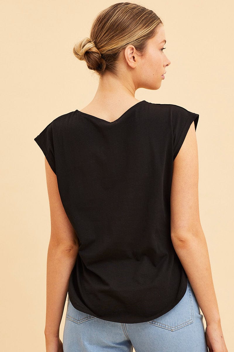 Black Relaxed T-Shirt Drop Shoulder Curved Hem Crew Neck
