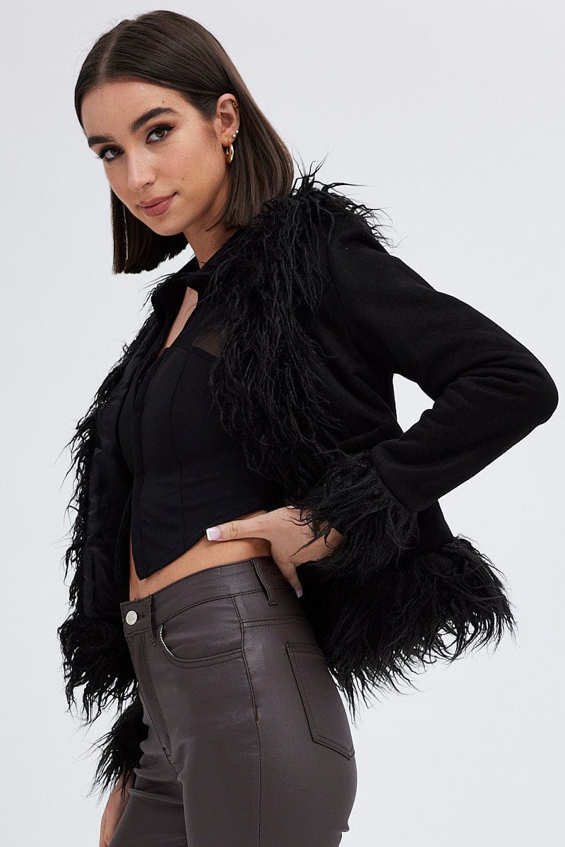 Black Faux Fur Jacket Long Sleeves