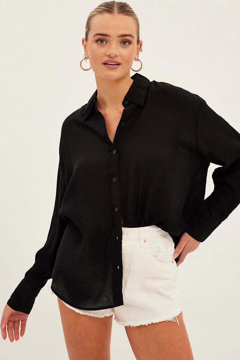 Black Textured Shirt Long Sleeve Collared