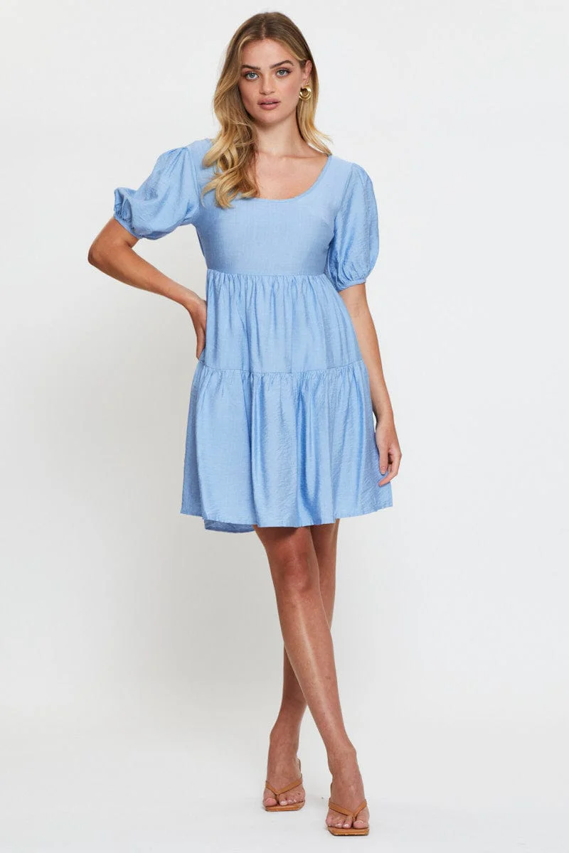 Blue Fit And Flare Dress Short Sleeve Open Back
