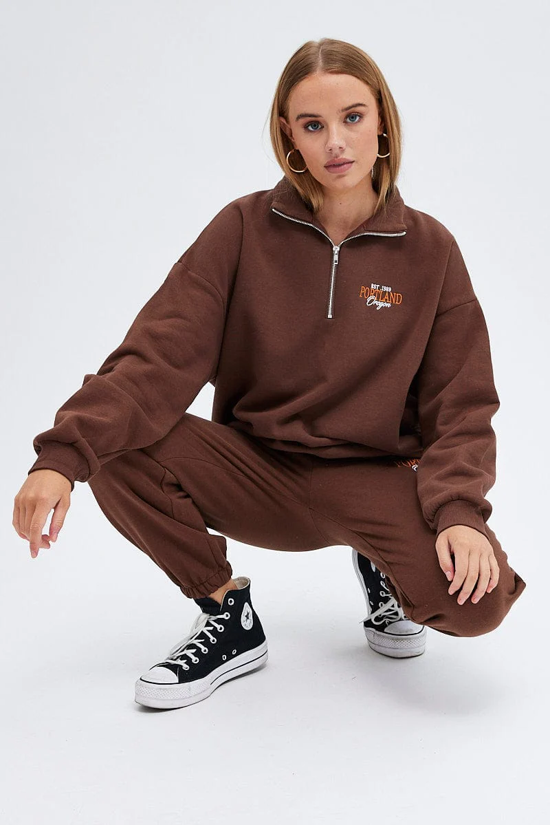 Brown Track Pants High Rise Jogger