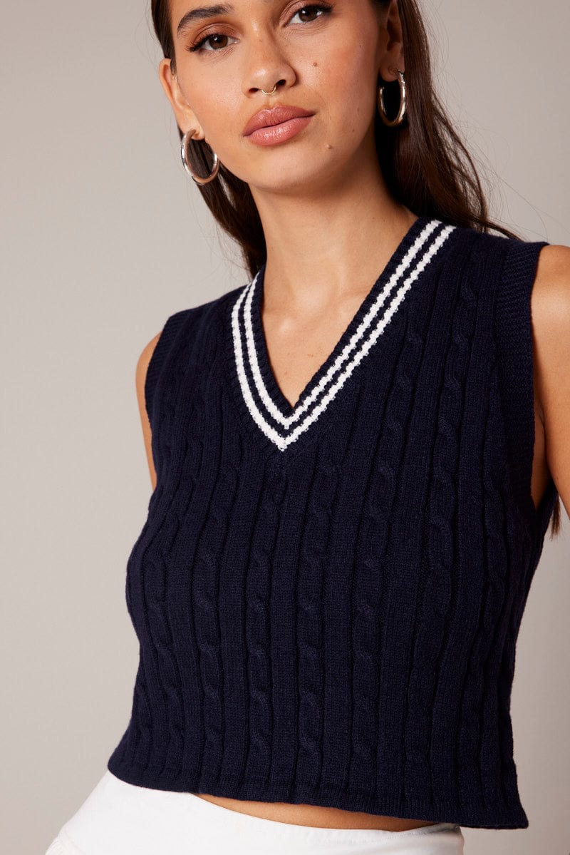 Blue Knit Vest V Neck