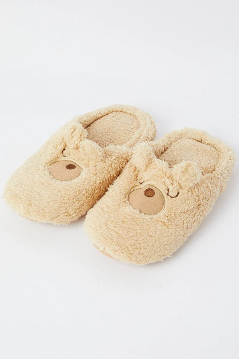 Beige Bear Fluffy Slippers