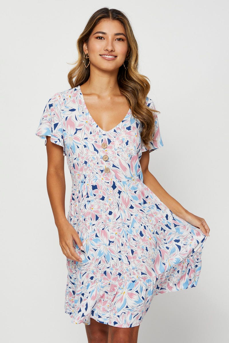 Print Mini Dress Short Sleeve Square Neck