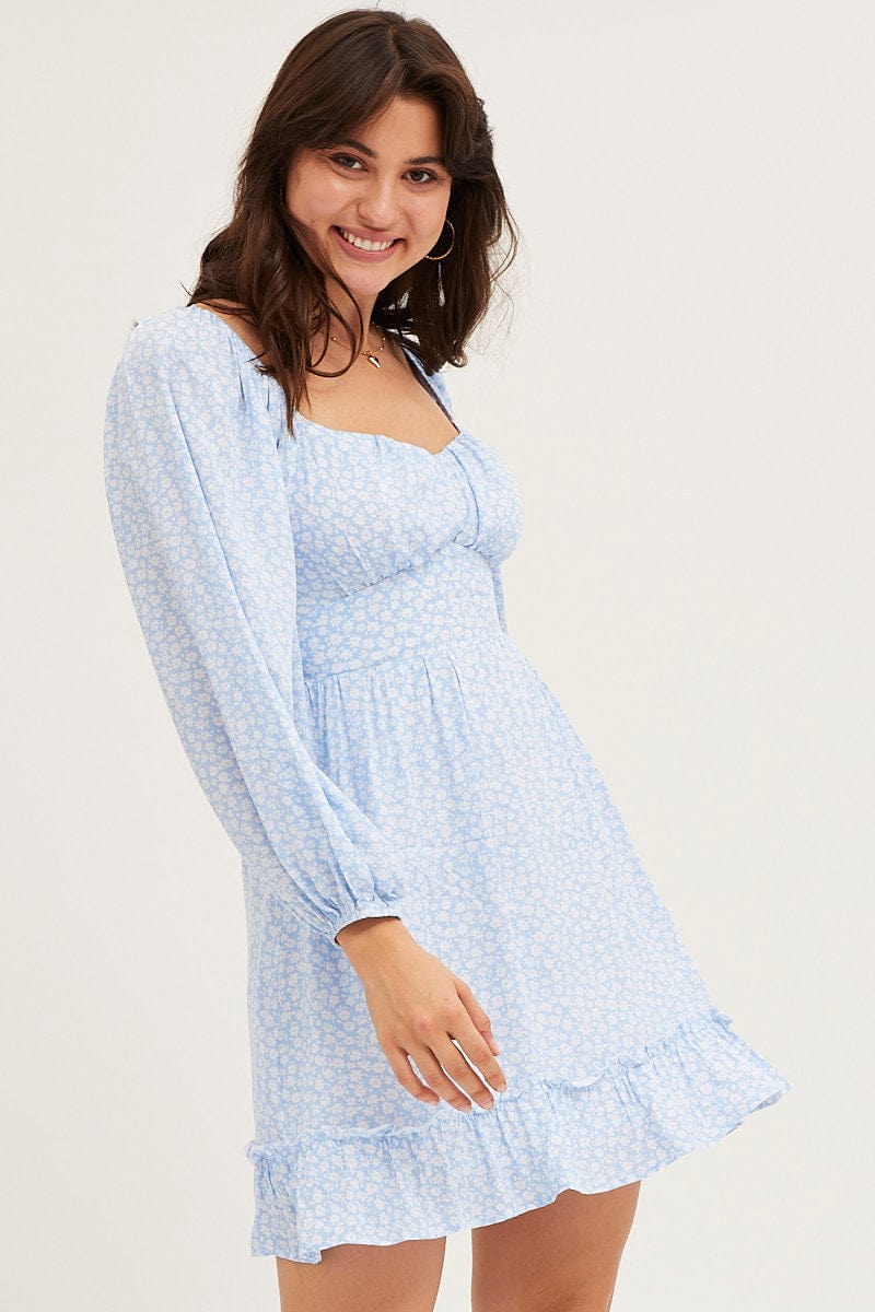 Daisy Print Long Sleeve A-Line Mini Dress