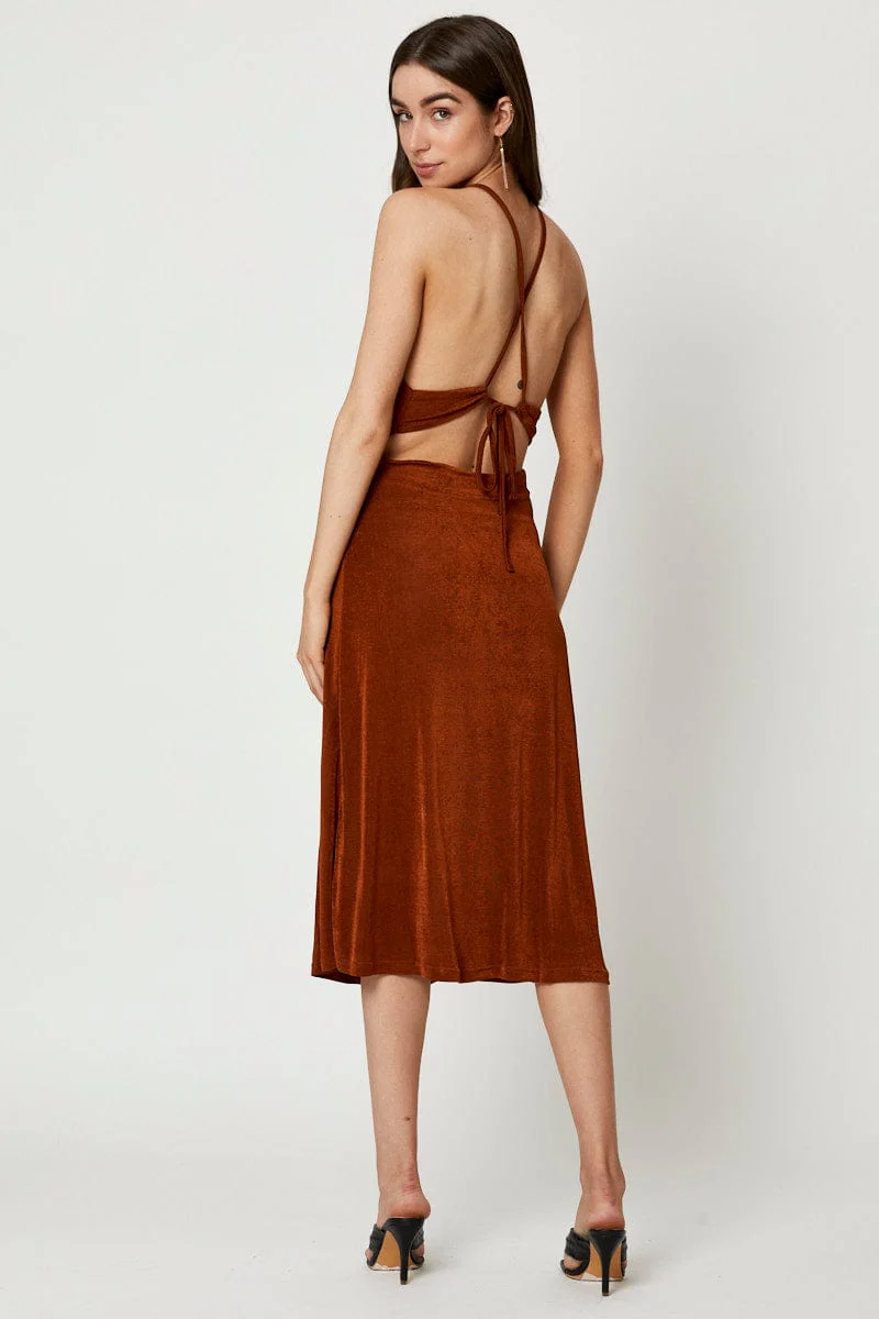 Brown Cut Out Slip Dress