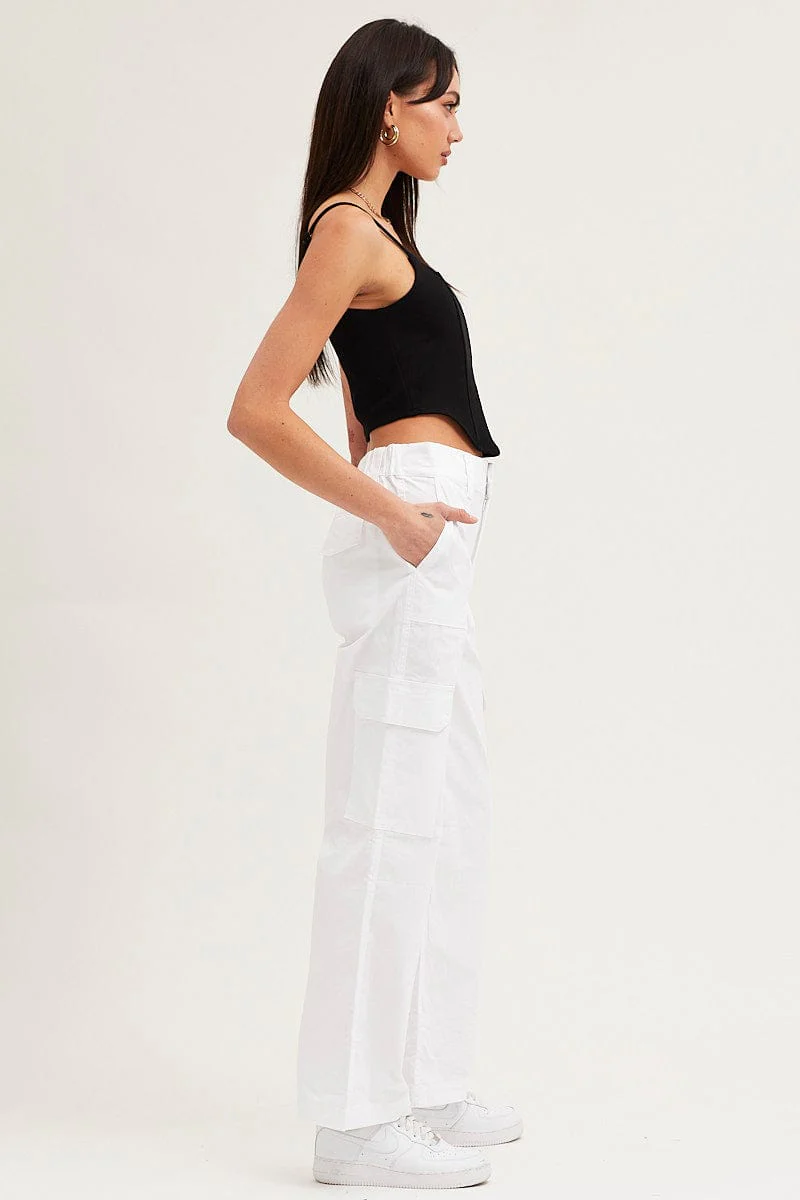 White Cargo Pants High Rise Wide Leg
