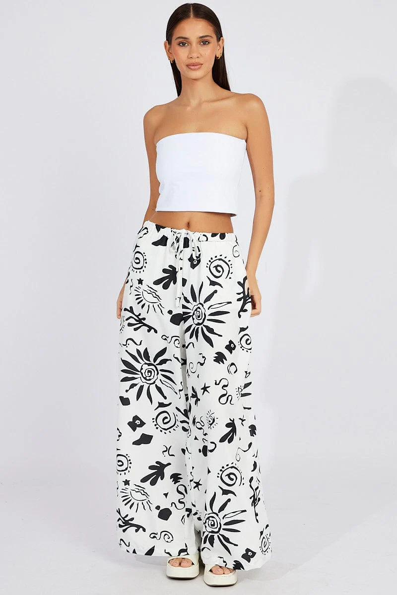 White Abstract Wide Leg Pants High Rise