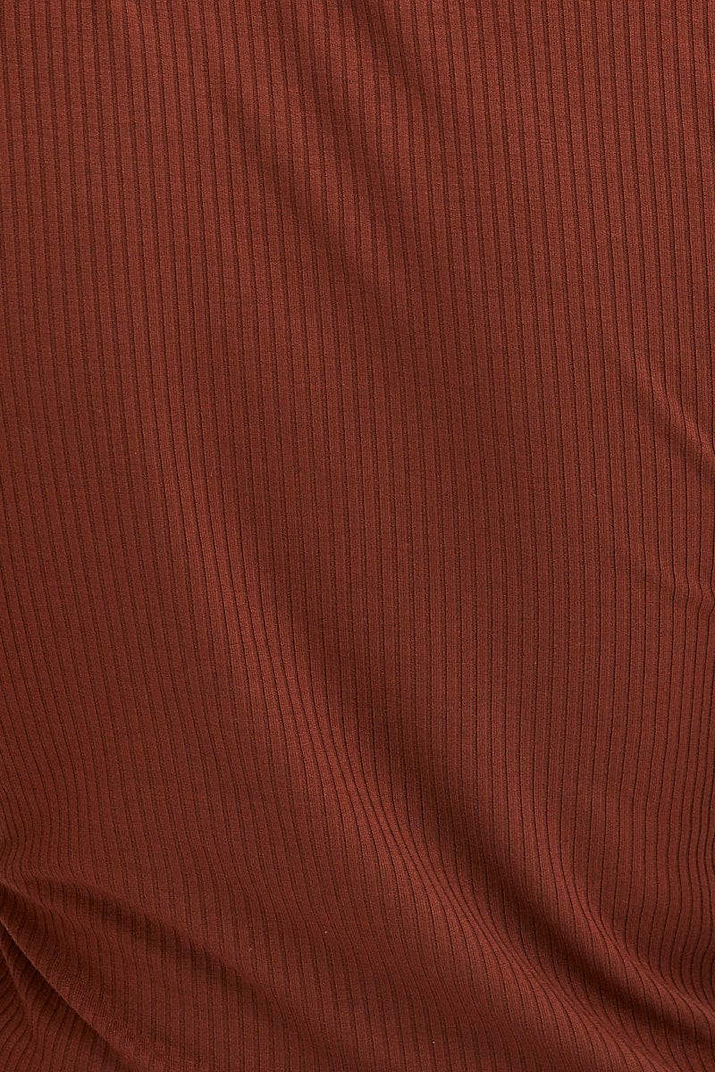 Brown Collared Top Short Sleeve Button Up Rib Jersey