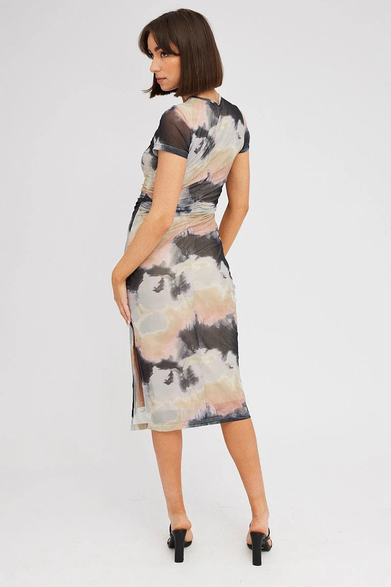 Brown Abstract Midi Dress Short Sleeve Bodycon Mesh