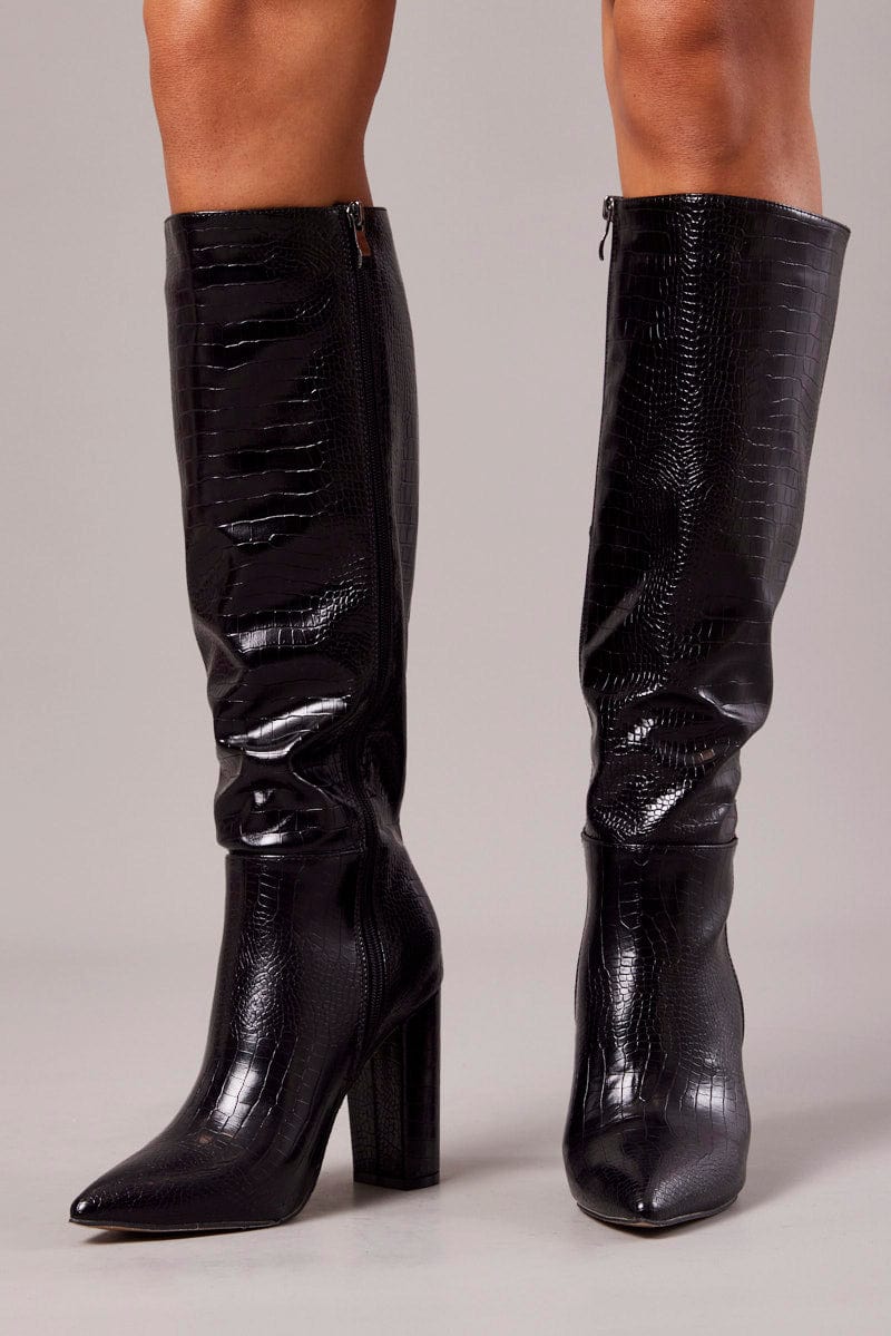 Black Heeled Knee High Boots in Croc