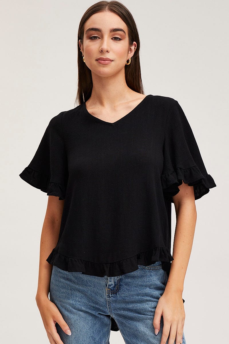 Black Frill Top Short Sleeve V-Neck