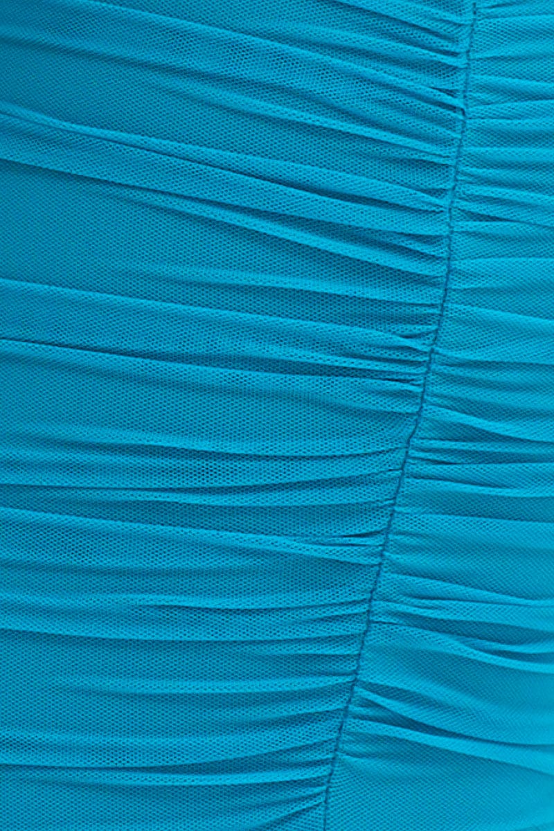 Blue Bodycon Dress Mesh Ruched Deep V Neck