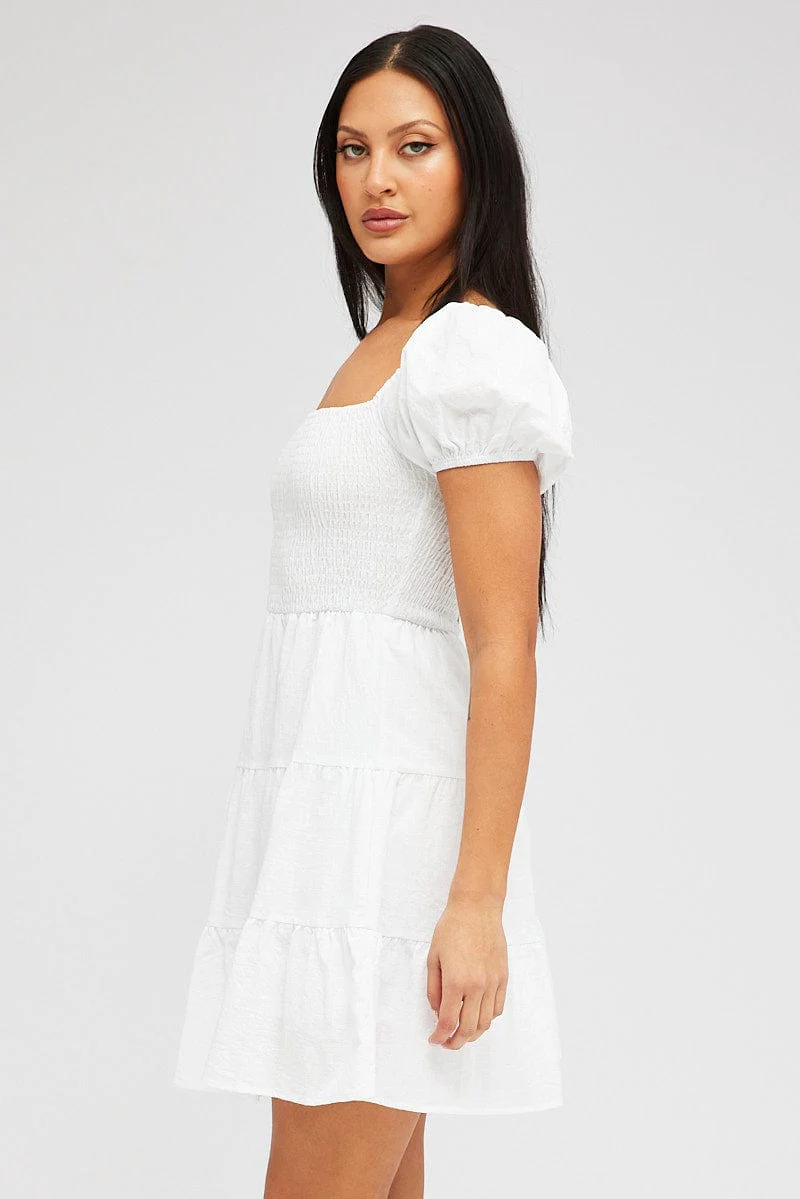 White Fit and Flare Dress Short Sleeve Shirred