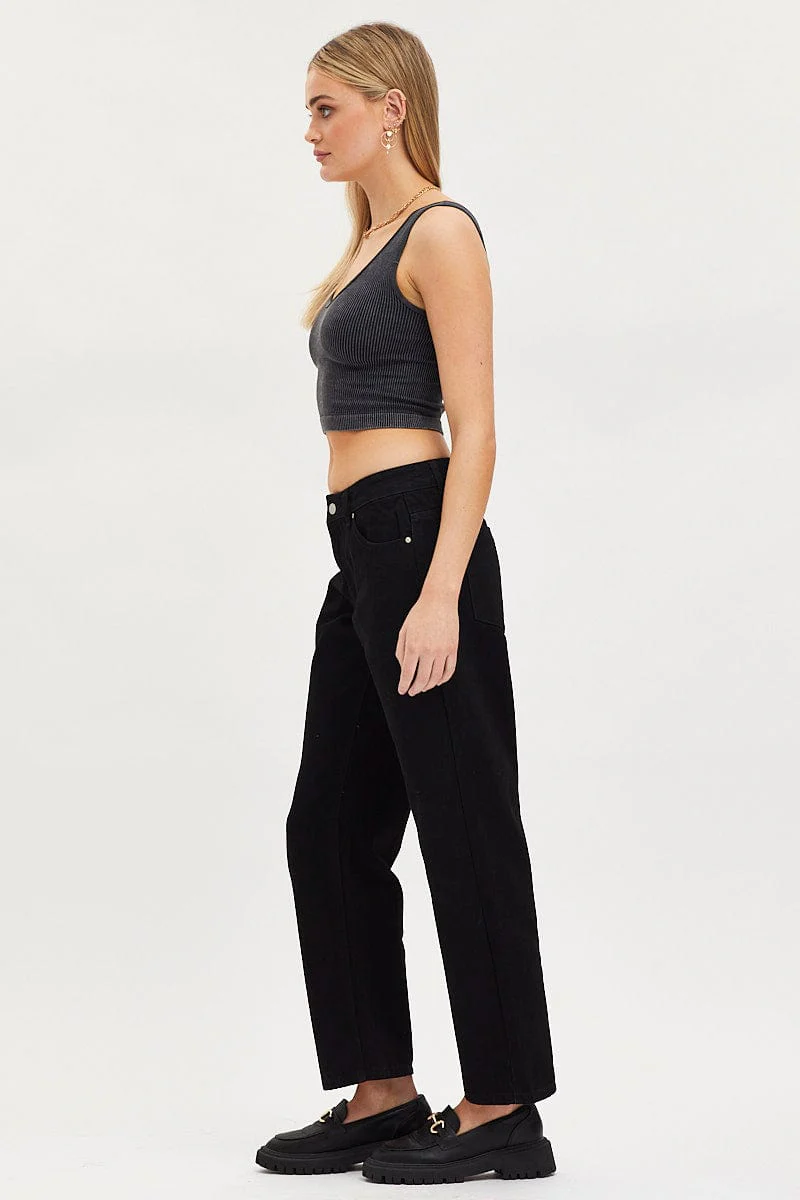 Black Straight Denim Jeans Low Rise