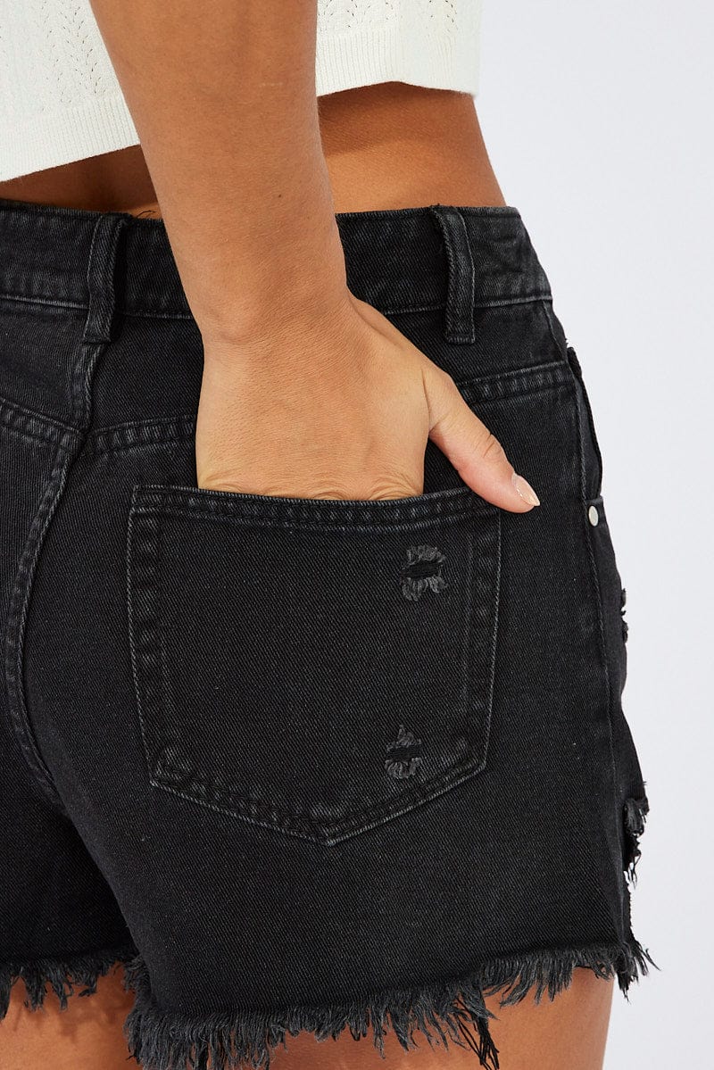 Black Ripped Denim Shorts High Rise