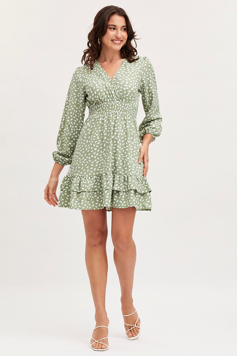 Geo Print Skater Dress Long Sleeve Mini Ruffle