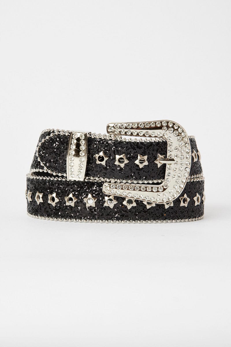 Black Waist Belt with Diamante Buckle