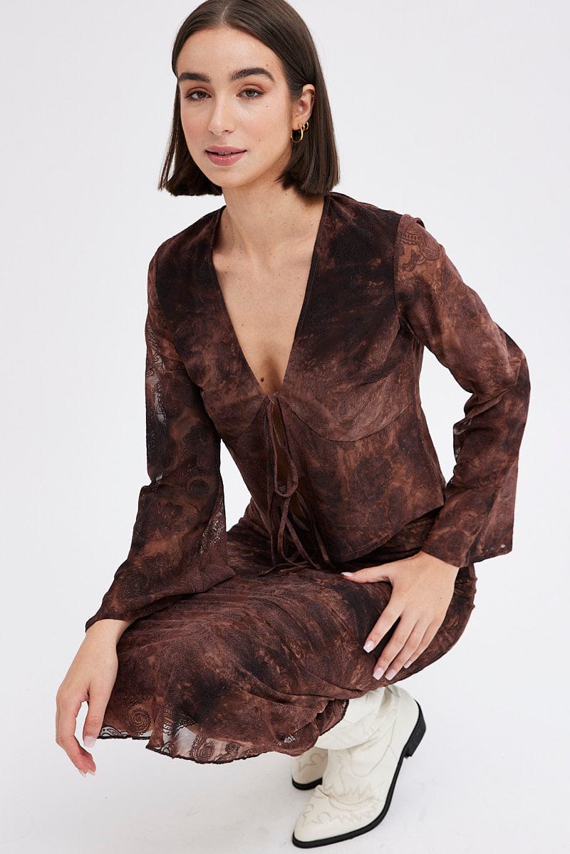 Red Paisley Tie Front Top Long Sleeve V Neck Mesh Flocked
