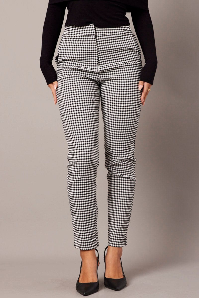 Black Check Slim Pants High Rise