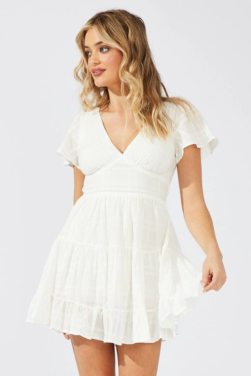 White Fit And Flare Dress V-neck Mini