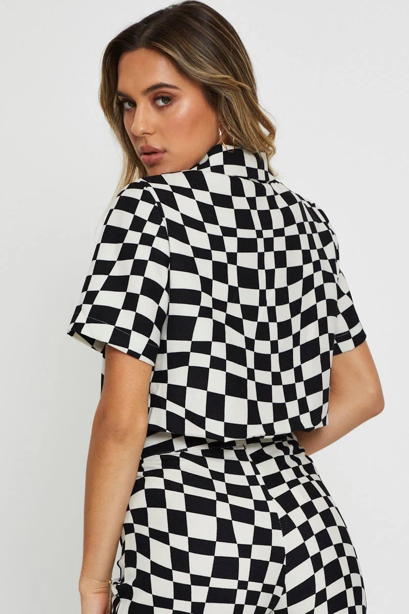 Check Wrap Top Short Sleeve Crop