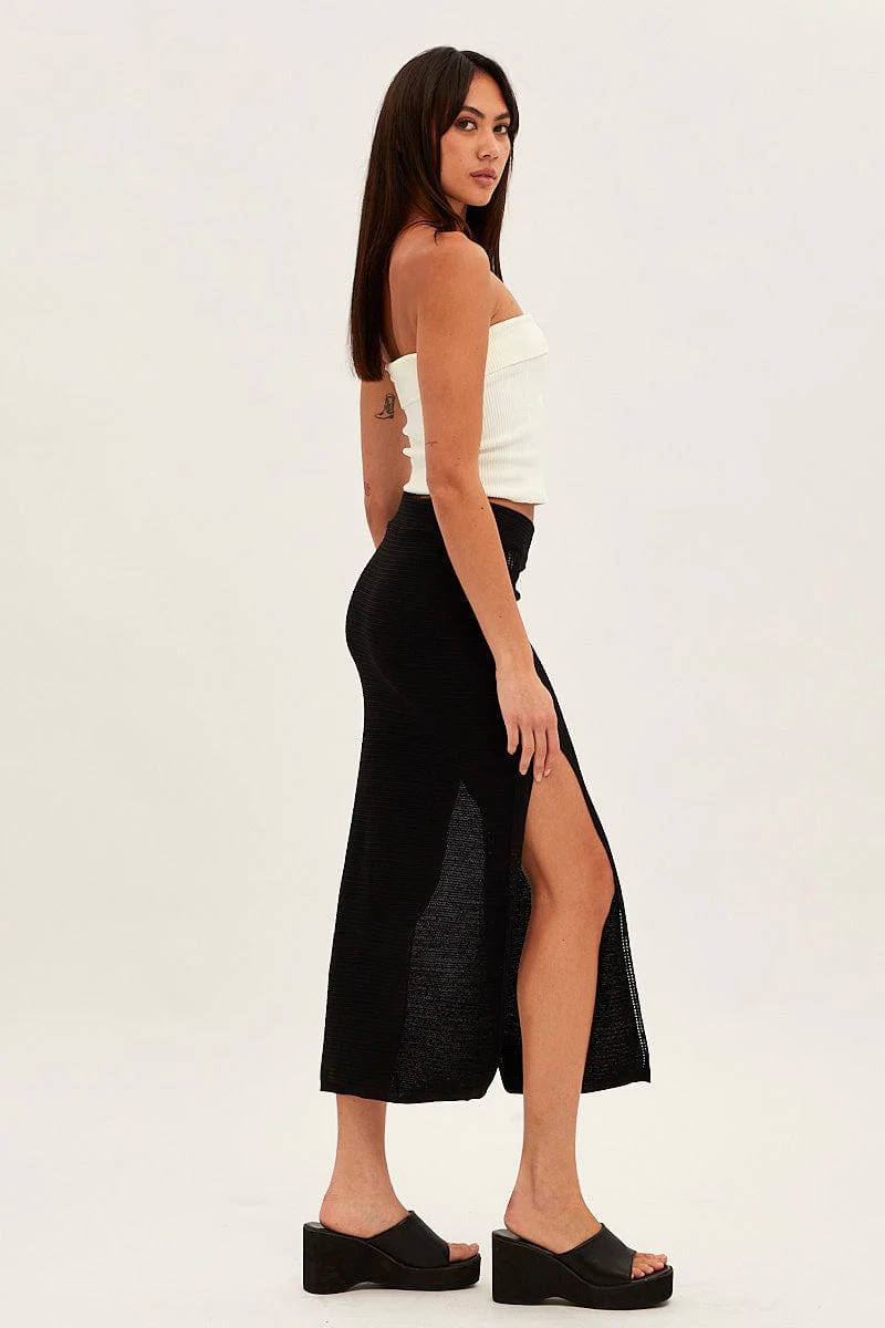 Black Midi Skirt Knit Front Split
