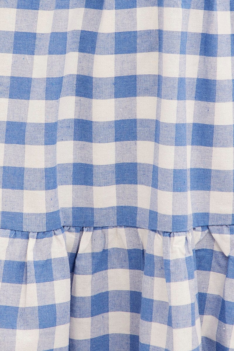 Blue Check Midi Dress One Shoulder Shirred