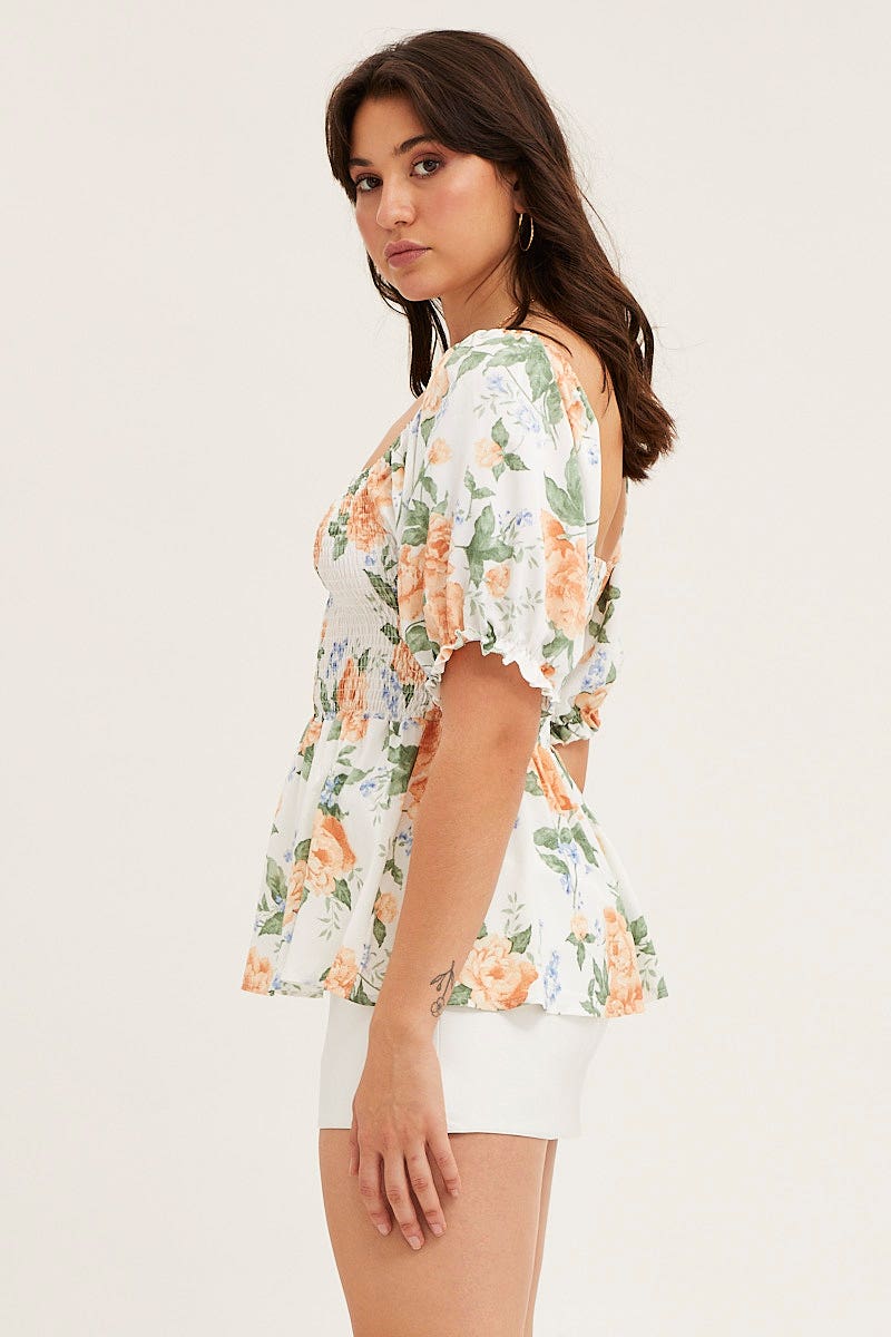 Print Puff Sleeve Shirred Top