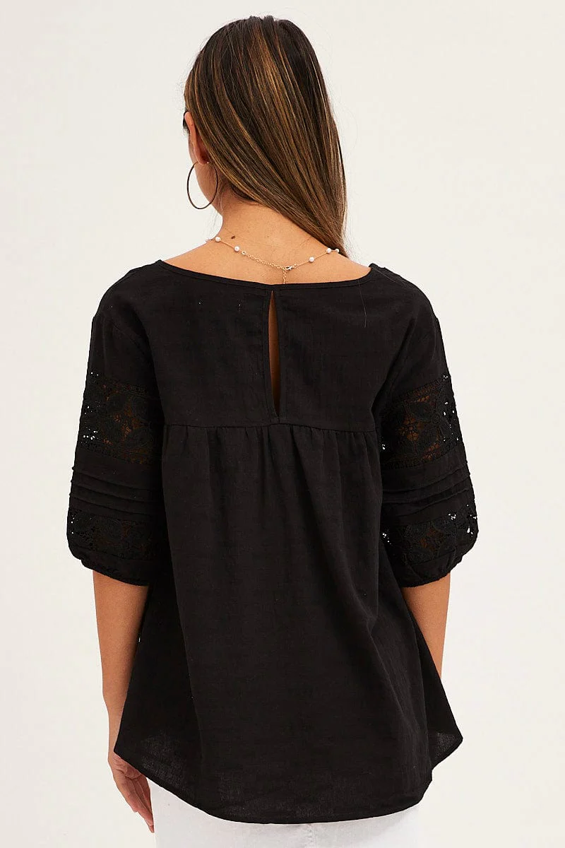 Black Lace Trim Top Half Sleeve V Neck Longline Cotton
