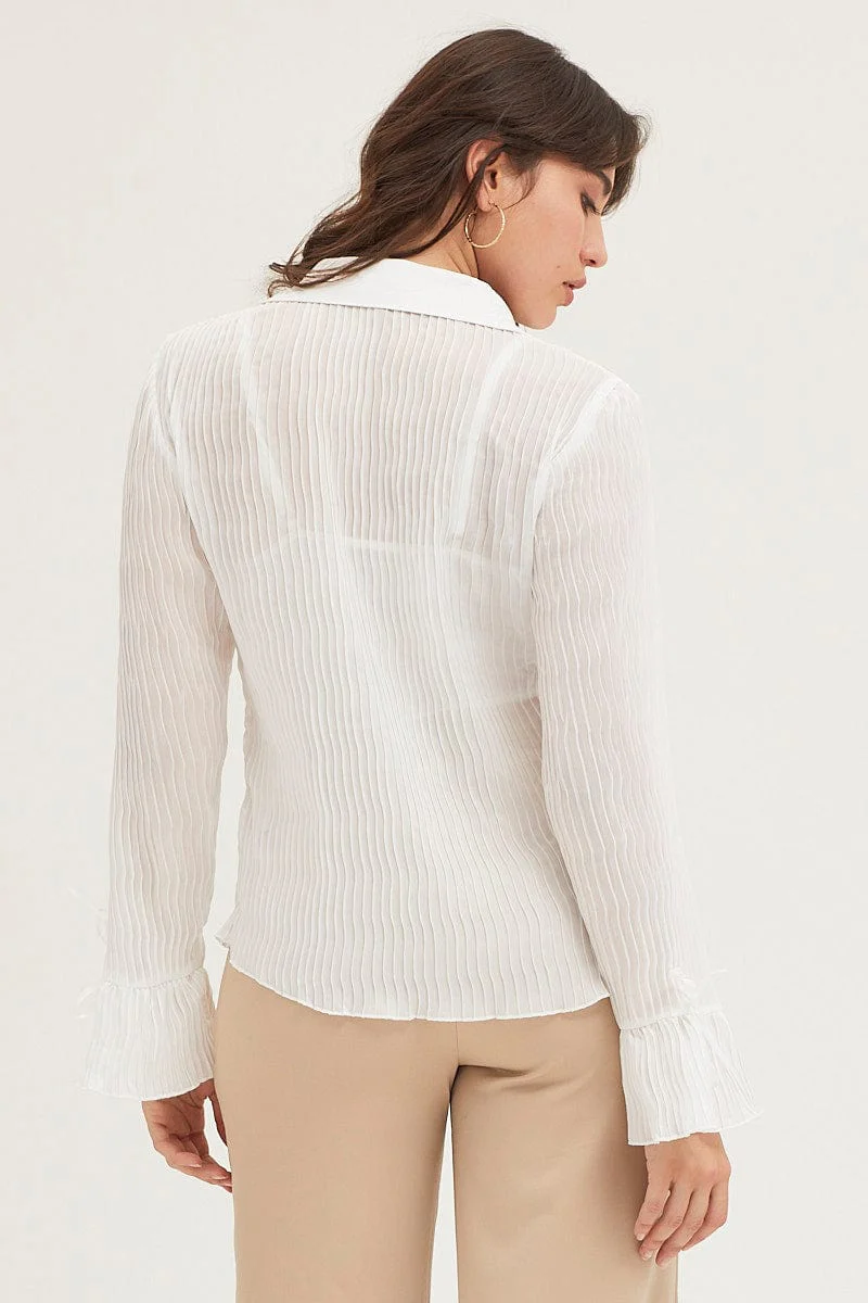 White Pleated Shirt Long Flare Sleeve