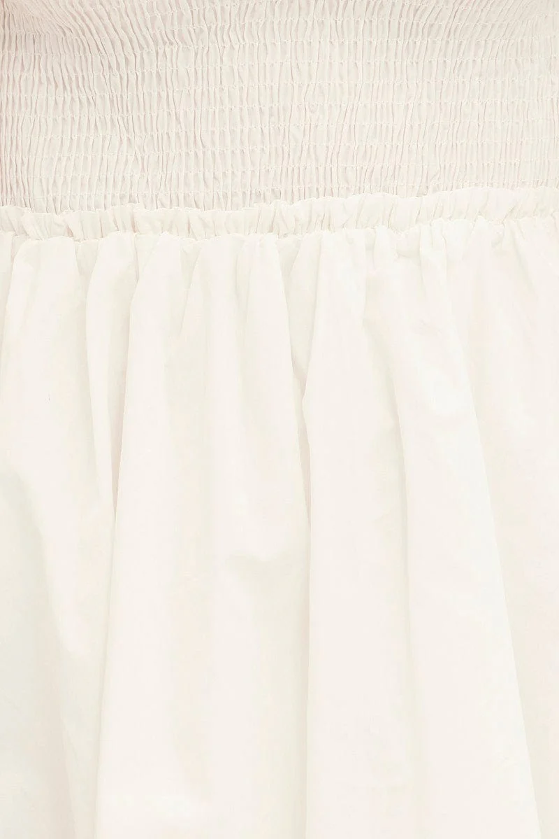 White Fit And Flare Dress Puff Sleeve Mini Poplin