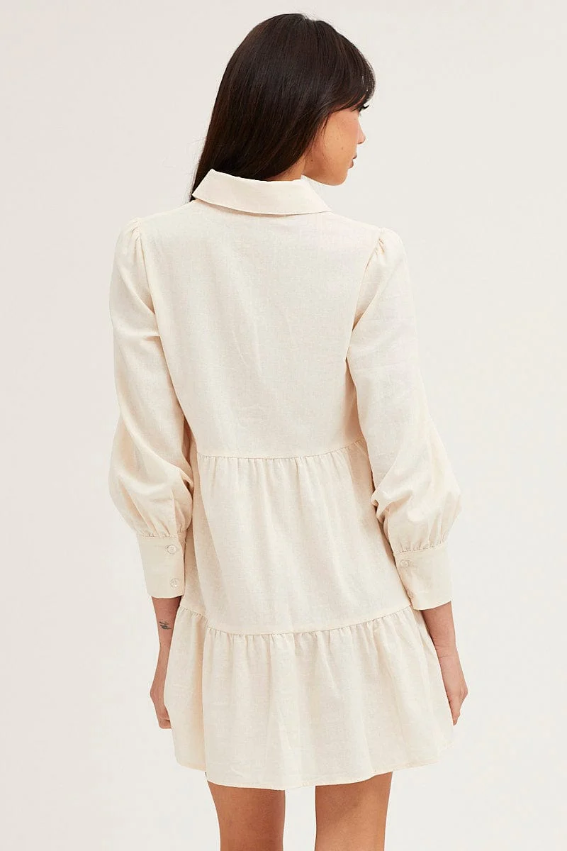 Beige Shirt Dress Long Sleeve Button Front
