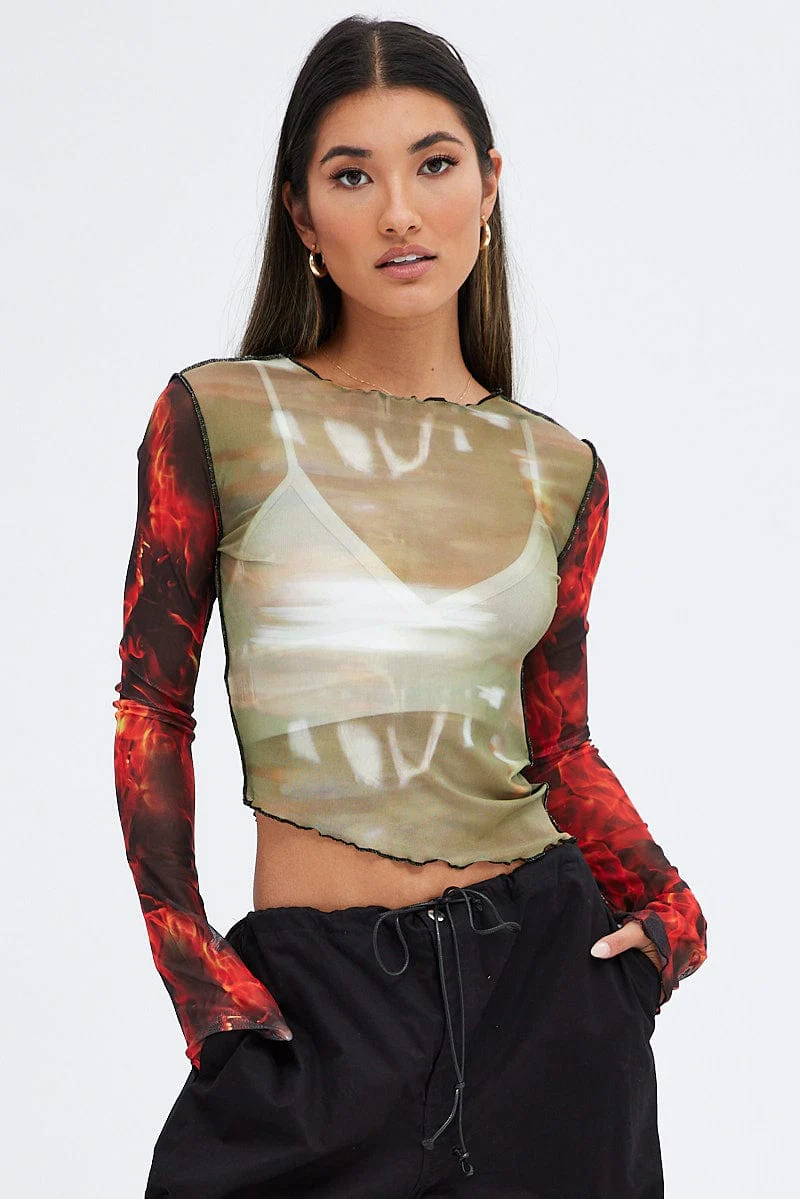 Multi Abstract Top Crew Neck Mesh Contrast Print Long Sleeves