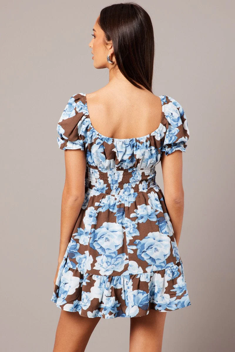 Multi Floral Fit And Flare Dress Puff Sleeve Mini Floral print