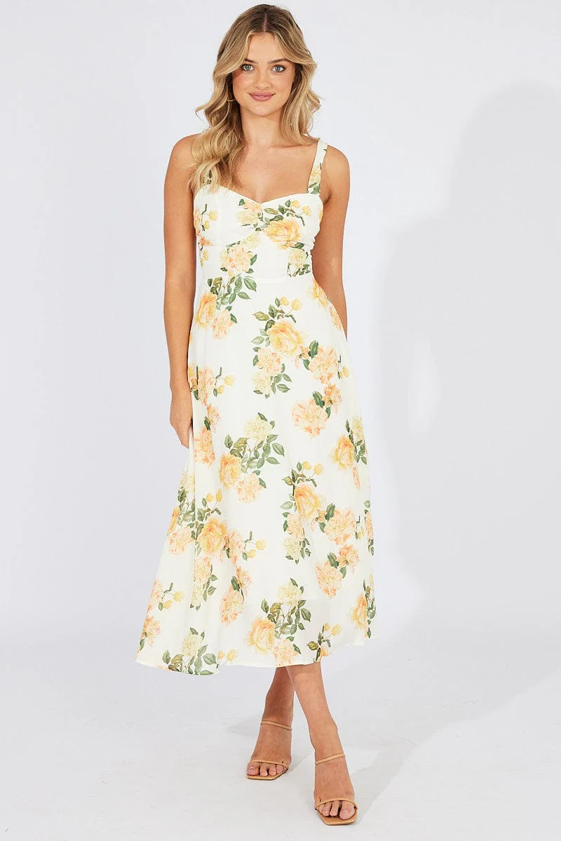 Yellow Floral Midi Dress Sleeveless Tie Shoulder