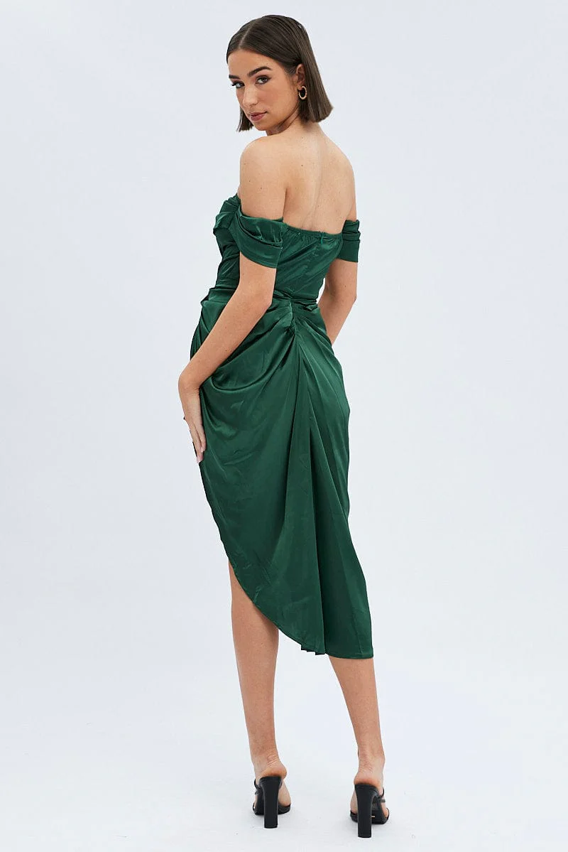 Green Dress Bardot Draped Satin