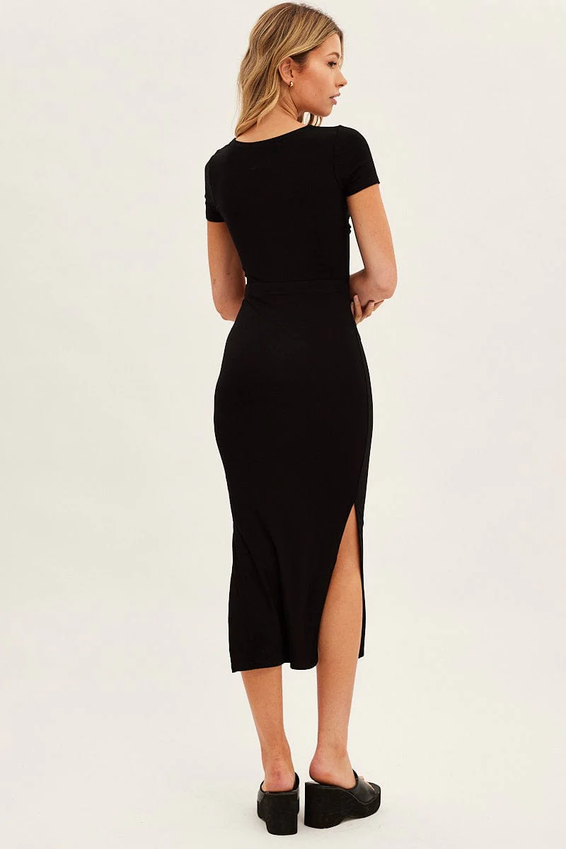 Black Bodycon Dress Rib Twist Front Cut Out Short Sleeve