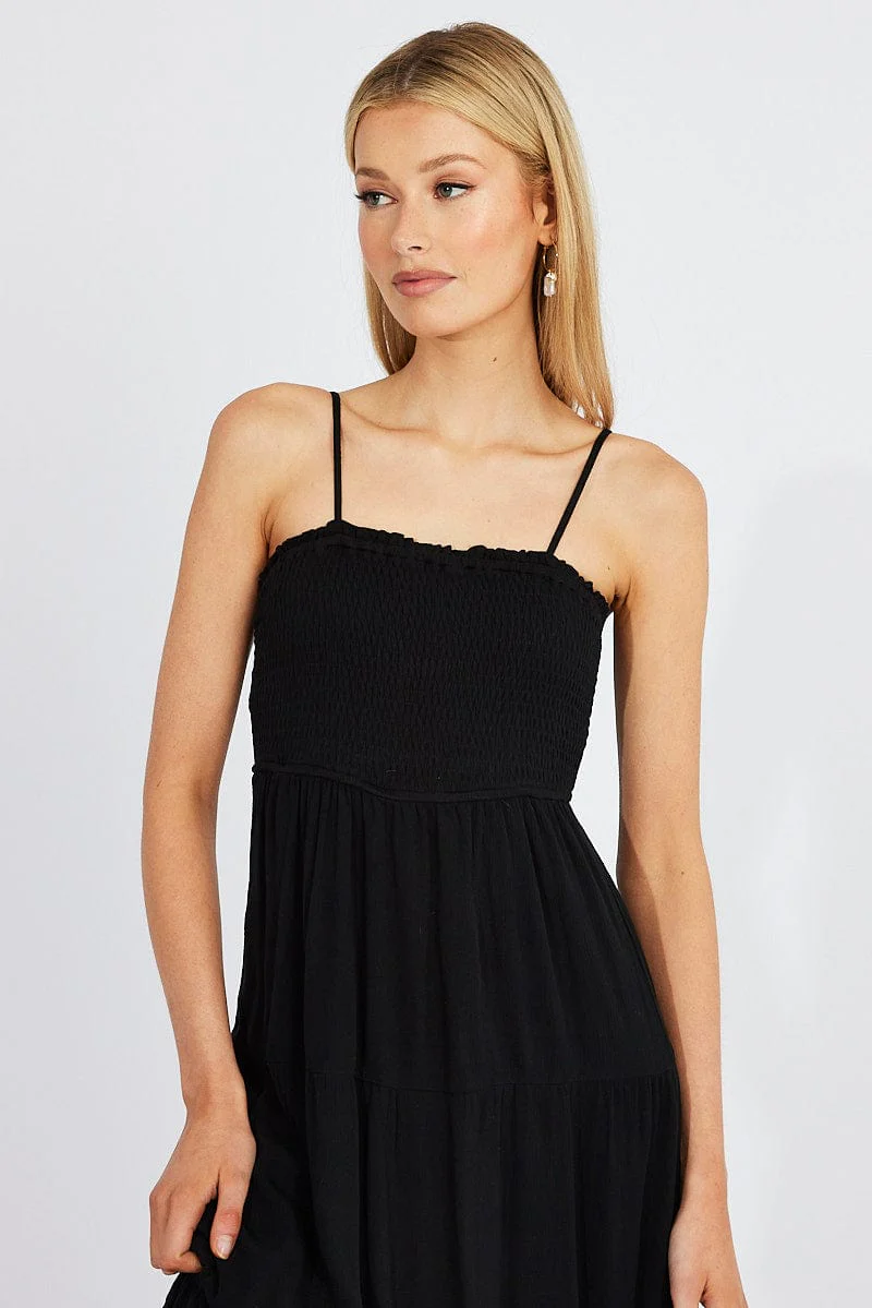 Black Midi Dress Sleeveless Shirred Tie Back