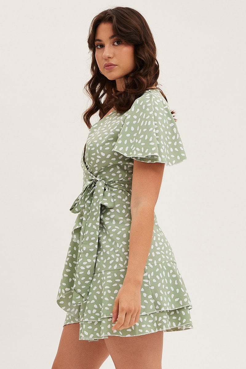 Green Geo Wrap Mini Dress