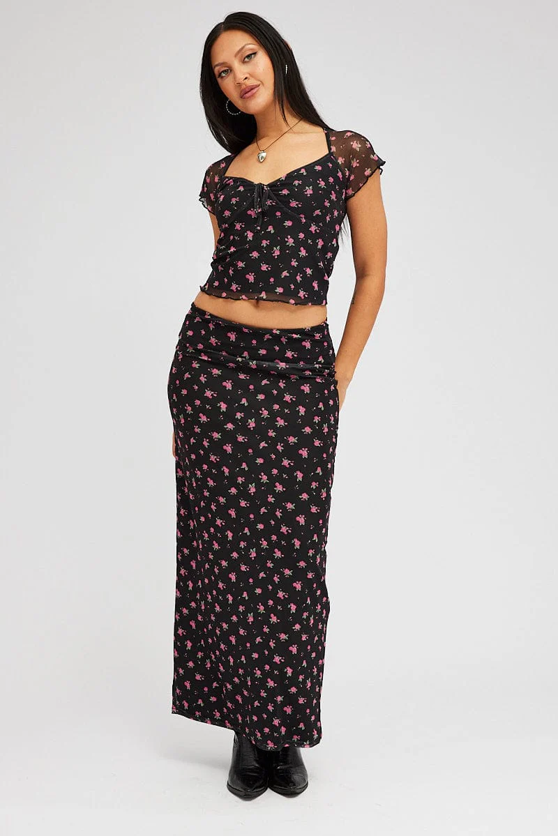 Black Floral Maxi Skirt Pencil High Rise Mesh