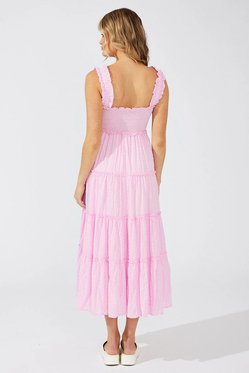 Pink Maxi Dress Shirred Bust Tiered