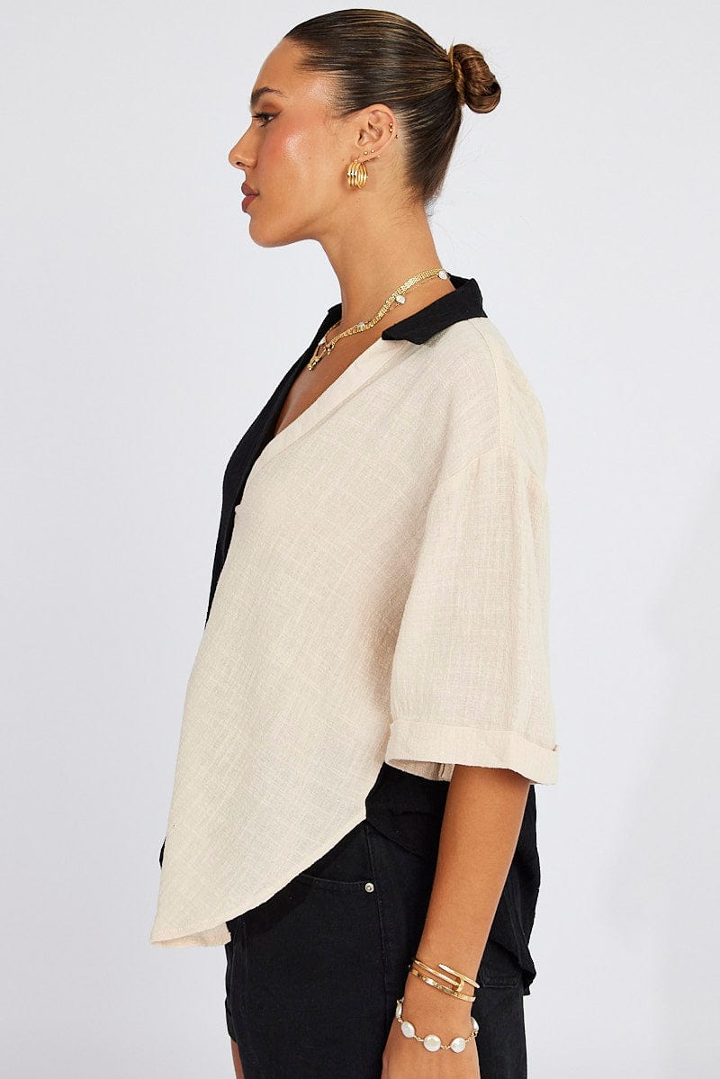 Black Colour Block Shirt Half Sleeve Relaxed Linen
