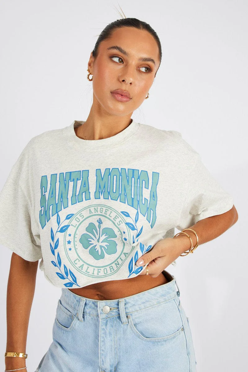 Grey Graphic Tee Flower Slogan Crop T-shirt