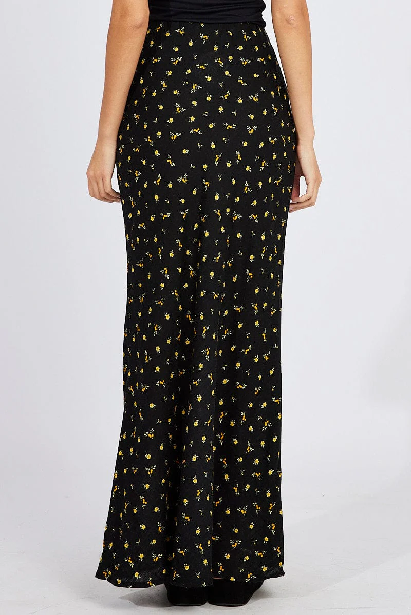 Black Floral Slip Skirt Maxi Linen Blend