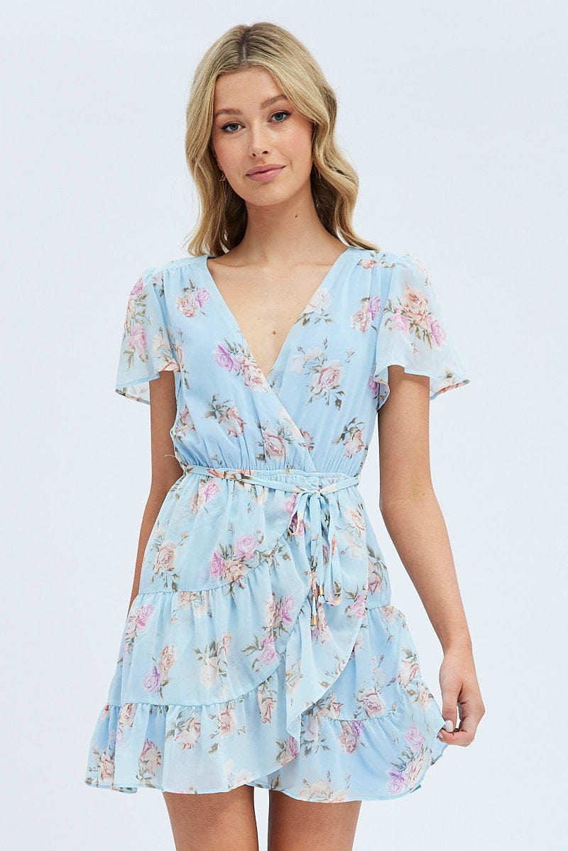 Blue Floral Fit And Flare Dress Short Sleeve Wrap Chiffon