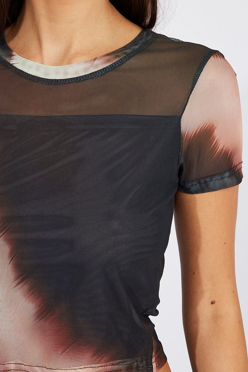 Brown Abstract Top Short Sleeve