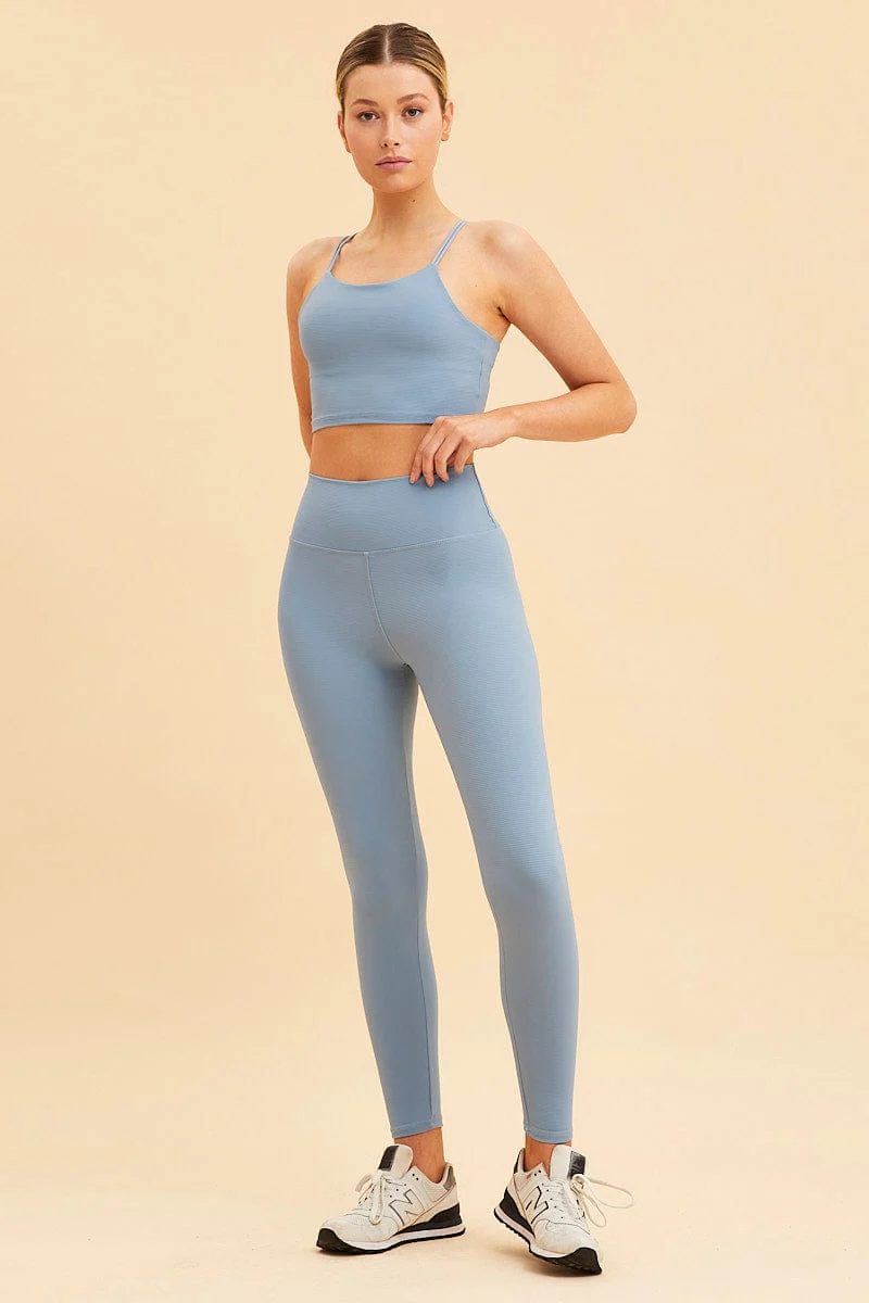 Blue Crop Top High Neck Active Rib